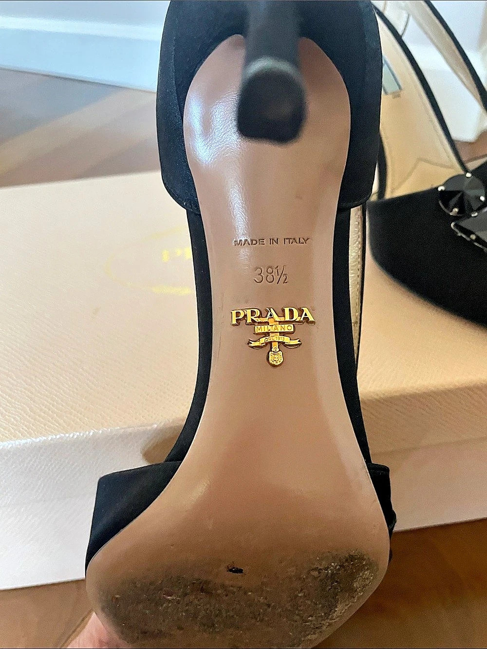 Prada Special Edition Crystal Embellished Satin Peep-Toe Pumps Black EU38/5 - Picture 4 of 4